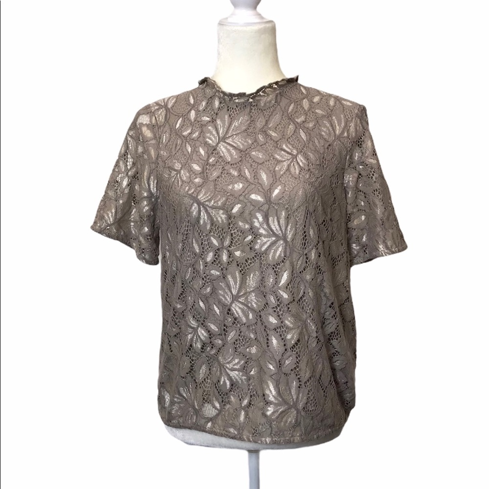 H&M Mock‎ Neck Short Sleeve Top Lace Pullover Tan
